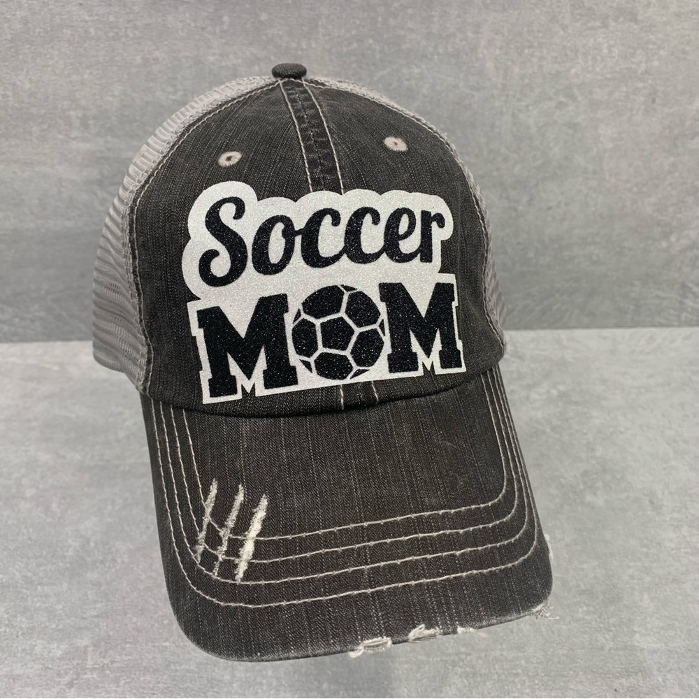 SOCCER MOM Womens Hat Baseball Ball Cap ADJUSTABLE Distressed Mesh Back